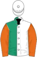 WHITE and EMERALD GREEN (halved), orange sleeves, white cap