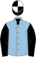 Light blue, black sleeves, black and white quartered cap