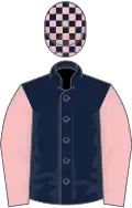 Dark blue, pink sleeves, checked cap