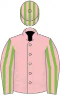 Pink, pink and light green striped sleeves, striped cap