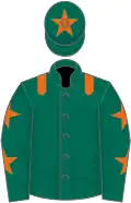 Dark green, orange epaulets, dark green sleeves, orange stars, dark green cap, orange star