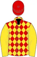 Red and yellow diamonds, yellow sleeves, red cap