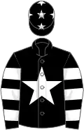 Black, white star, hooped sleeves, black cap, white stars