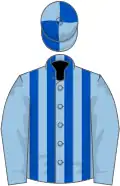 Light blue and royal blue stripes, light blue sleeves, quartered cap