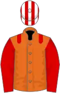 ORANGE, red epaulettes and sleeves, red and white striped cap