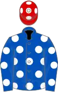 Royal blue, white spots, red cap, white spots