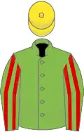 Light green, red striped sleeves, yellow cap