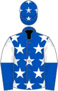 Royal blue, white stars, halved sleeves, royal blue cap, white stars