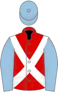 Red, white cross belts, light blue sleeves and cap