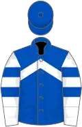 Royal blue, white inverted chevron, white sleeves, two blue armlets