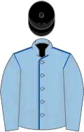 Light blue, royal blue seams, light blue sleeves, black cap