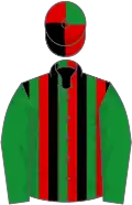 Red, black and green stripes, green sleeves, red, black and green segmented cap