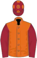 Orange, maroon discs and sleeves, maroon cap, orange spots