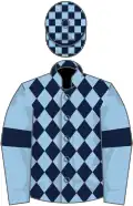 Light blue and dark blue diamonds, light blue sleeves, dark blue armlets, dark blue and light blue check cap