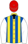 Yellow and royal blue stripes, white sleeves, red cap
