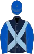Dark blue, light blue cross belts, royal blue sleeves and cap