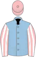 Light blue, pink and white striped sleeves, pink cap