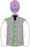 Light Green and Mauve stripes, White sleeves, Mauve cap