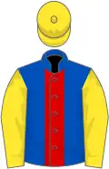 Royal blue, red stripe, yellow sleeves and cap