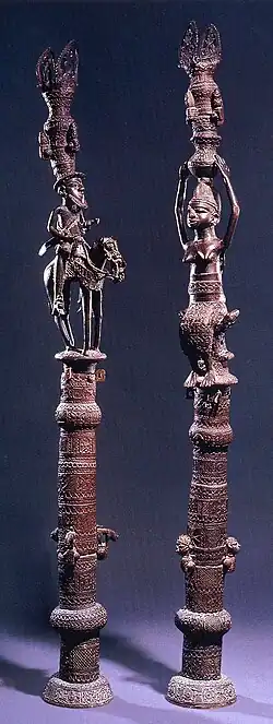 Brass supporting pillars from the Old Oyo royal palace, 2 meters in height.