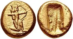 Type II Daric ("King shooting arrow") temp. Darios I to Xerxes I (Type I Darics are unknown). Circa 505-480 BC.[15]