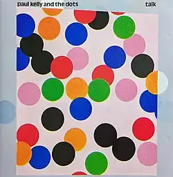 Scattered range of large coloured circles mostly red or black. The background in pink. Artist name is at top left with album name at top right.