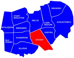 The location of the City Information System area of Stegny within the district of Mokotów.