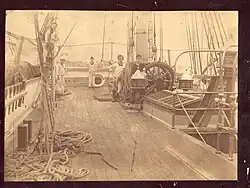 PNS cadets aboard deck of Schoolship Saratoga. Pennsylvania Nautical School Collection, J Henderson Welles Archives and Library, Independence Seaport Museum. Philadelphia, PA