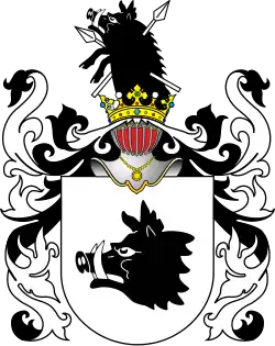 A boar's head erased sable armed argent in the arms of Denhoff