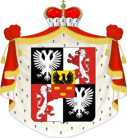 Coat of arms of Princes Sułkowski (1752), with Bohemian (silver lion), Saxon (green common rue on the black eagle) and Habsburg (red lion and a two-headed eagle) elements.(variant I)