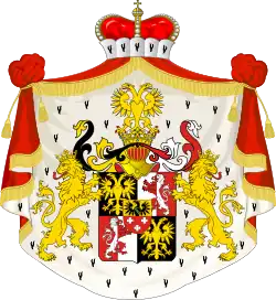 Coat of arms of Princes Sułkowski (1752), with Bohemian (silver lion), Saxon (green common rue on the black eagle) and Habsburg (red lion and a two-headed eagle) elements. (variant II)