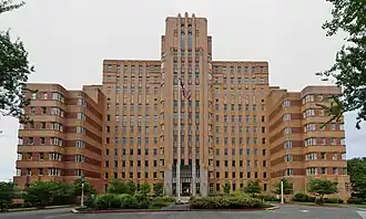 A brick-clad Art Deco-style building
