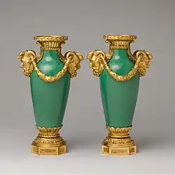 Pair of mounted vases (vase à monter); 1765–1770; soft-paste porcelain and gilt-bronze mounts; 28.9 × 17.1 cm; Metropolitan Museum of Art