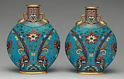 Pair of bottles in "Oriental" style, reminiscent of Chinese cloisonné enamel, 1870s, design attributed to Christopher Dresser.