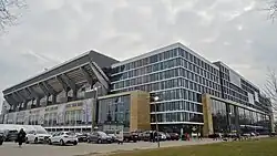 Photo of the exterior of Parken Stadium in Copenhagen.