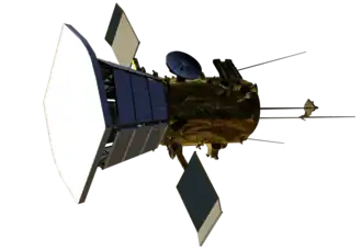 Digital model of a spacecraft with a bus attached to a larger sun-shield. Two small solar panels are attached to the side of the bus, along with four rear-facing antennas.