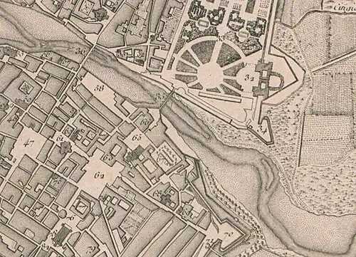 Extract from Jérôme Lalande's 1769 plan of Parma showing the Ducal Palace (nr. 63) like if the Petitot project was completed