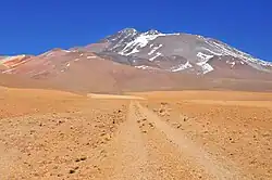 A dirt road across yellow rocky desert heads to a brown-grey mountain