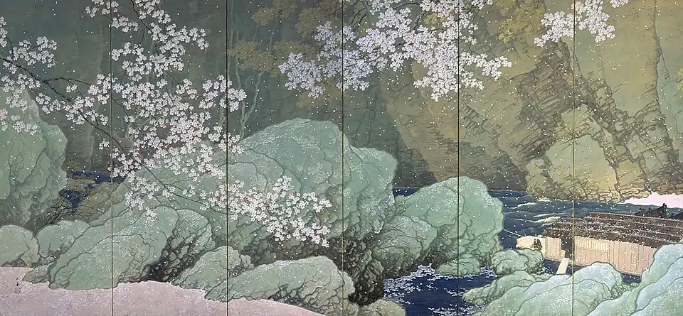 Left panel of the Yuku Haru (行く春, Parting Spring) by Kawai Gyokudō, 1916. Important Cultural Property. National Museum of Modern Art, Tokyo.