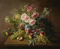 Nature morte avec fleurs, pêches et raisins (Still life with flowers, peaches and grapes), oil on canvas, 91.4 × 73.7&nbsp;cm