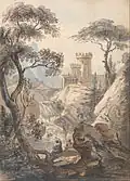 Italian Landscape with Castle, Cascade and Anglers