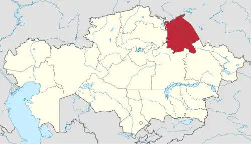 Map of Kazakhstan, location of Pavlodar Province highlighted