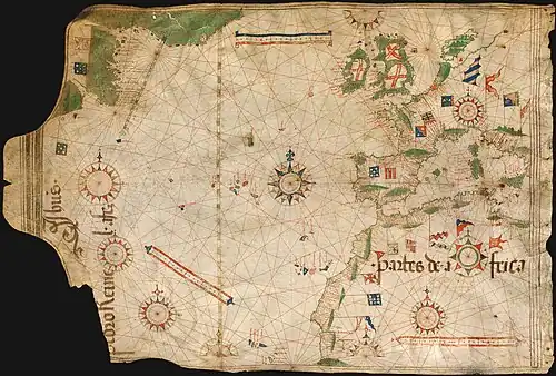 Image 36Nautical chart by Pedro Reinel (c. 1504), one of the first based on astronomical observations and to depict a scale of latitudes. (from History of cartography)