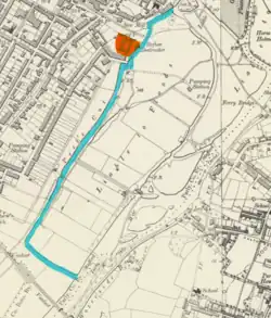 Peel's Cut (blue) and Bond End Mill (red) on an 1888–1915 map