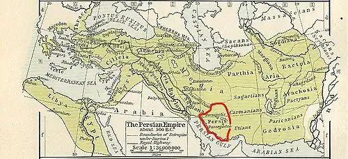 The Persian Empire, about 500 BC; Persis is the central southern province with the red outline. Its main cities are Persepolis and Pasargadae.