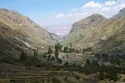 Looking down the valley from Paqchaspata (Urubamba District) towards the Maras District (in the background)