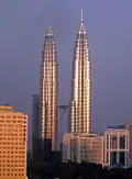 Petronas Towers in Kuala Lumpur, Malaysia at sunset