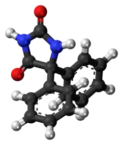 Ball-and-stick model of the phenytoin molecule