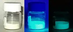 Europium doped strontium silicate-aluminate oxide powder under visible light, long-wave UV light, and in total darkness.
