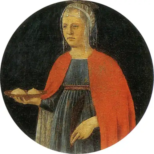 Saint Agatha bearing her severed breasts on a platter, by Piero della Francesca (c. 1460–1470)